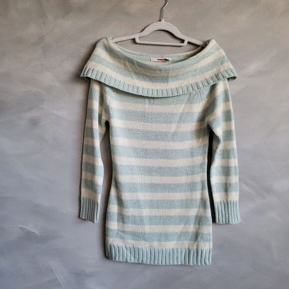 Bongo Fold-Over Cowl Neck Striped Tunic Sweater Icy Blue Shimmer Small NWOT - Picture 1 of 8